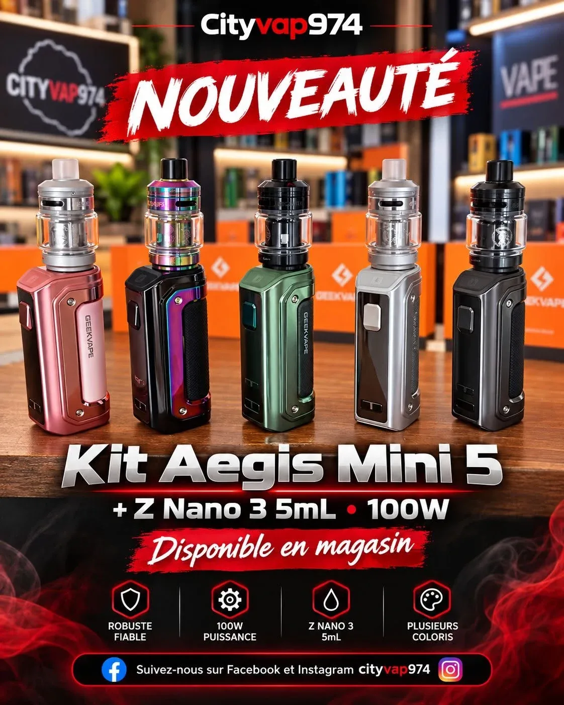 Cinq cigarettes électroniques du kit Aegis Mini 5 en coloris rose, multicolore, vert, argent et noir alignées sur un comptoir.