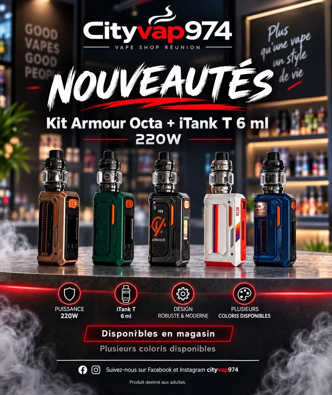 Presentation de cinq kits Armour Octa avec l'iTank T de differentes couleurs sur un comptoir de boutique.